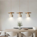 Yellow Travertine LED Pendant Lamp with Natural Wood Accent