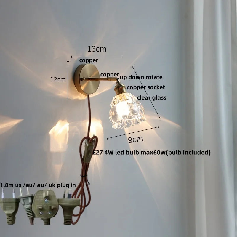 Tiffany Blue Glass LED Wall Sconce Rotate Copper Pull Chain Switch Light Fixtures