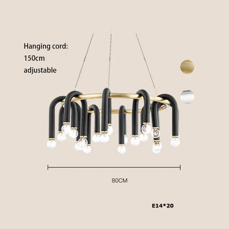 Black Aluminum Tube Dimmable LED Chandelier with U-Shaped Design