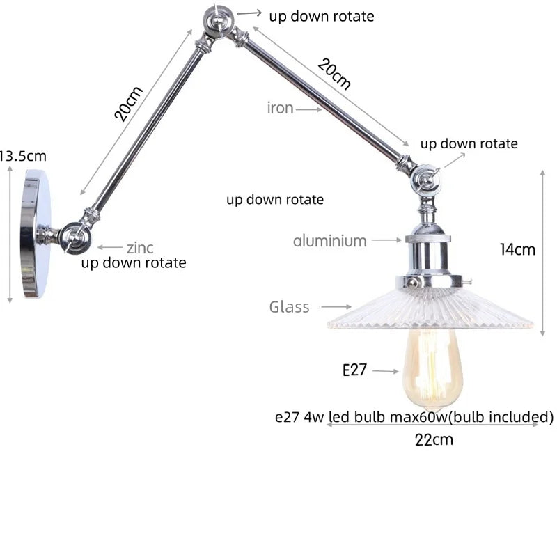 White Glass Swing Arm LED Wall Sconce for Industrial Loft, Coffee, Hallway