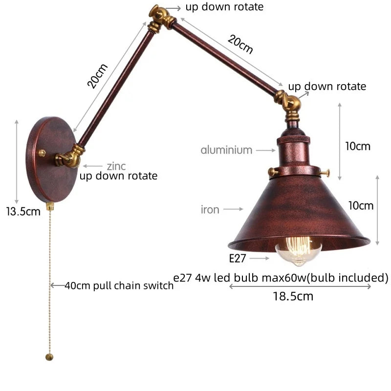 Afralia™ Gold Long Arm LED Wall Sconce with Pull Chain Switch