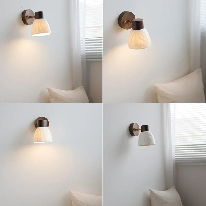 LED Wall Light Fixture Modern Nordic Rotating Reading Lamp White Ceramic Wood