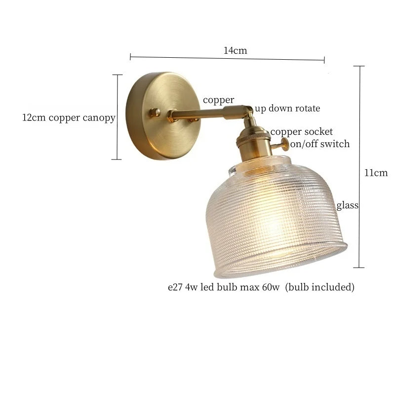 Clear Brass Glass LED Wall Lamp Pull Chain for Living Room Bedroom Loft