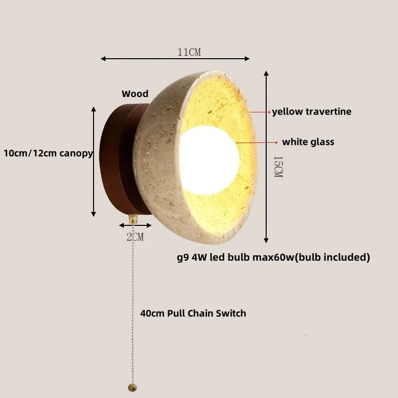 LED Wall Light Travertine Base Modern Nordic Pull Chain Bedside Lamp