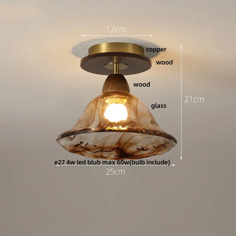 Amber Ice Crack Glass Wood Ceiling Light - Nordic Modern LED Fixture