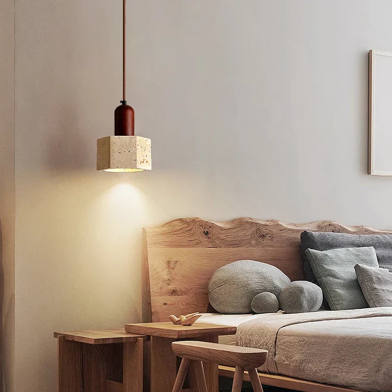 Yellow Travertine Wood Base LED Pendant Lights - Modern Adjustable Hanging Lamp