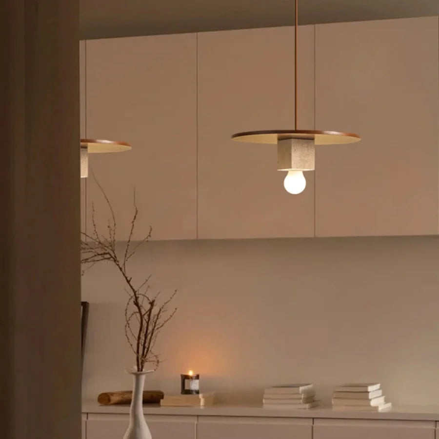 Afralia™ Round Wood LED Pendant Light | Yellow Travertine Stone | Wabi Sabi Home Decor