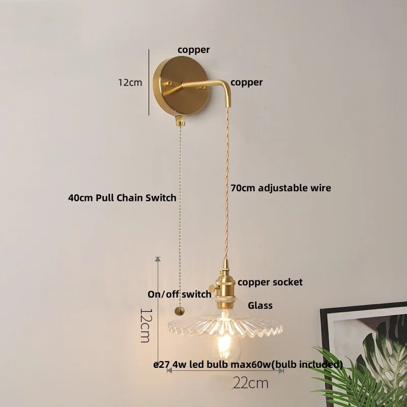 Glass LED Wall Light Fixture with Adjustable Wire, Pull Chain Switch for Bedroom, Coffee Shop