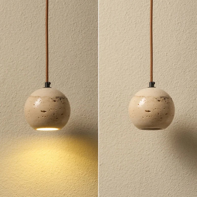 Yellow Travertine Wood Canopy Pendant Lights - Japanese Style Adjustable Globe LED Hang Lamp