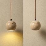 Yellow Travertine Wood Canopy Pendant Lights - Japanese Style Adjustable Globe LED Hang Lamp
