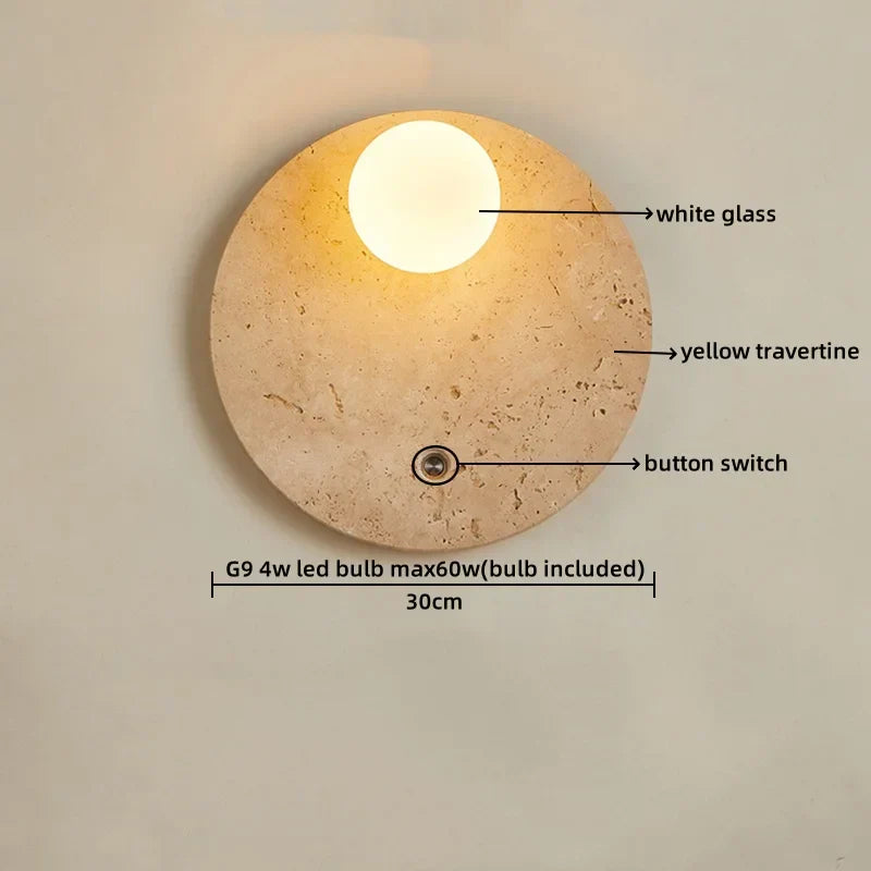 Yellow Travertine LED Wall Lamp Round Bedside Light Fixtures