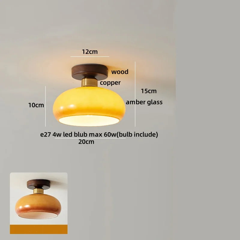 Amber Glass Ceiling Lamp Wood Nordic Modern Bedroom Bathroom Light