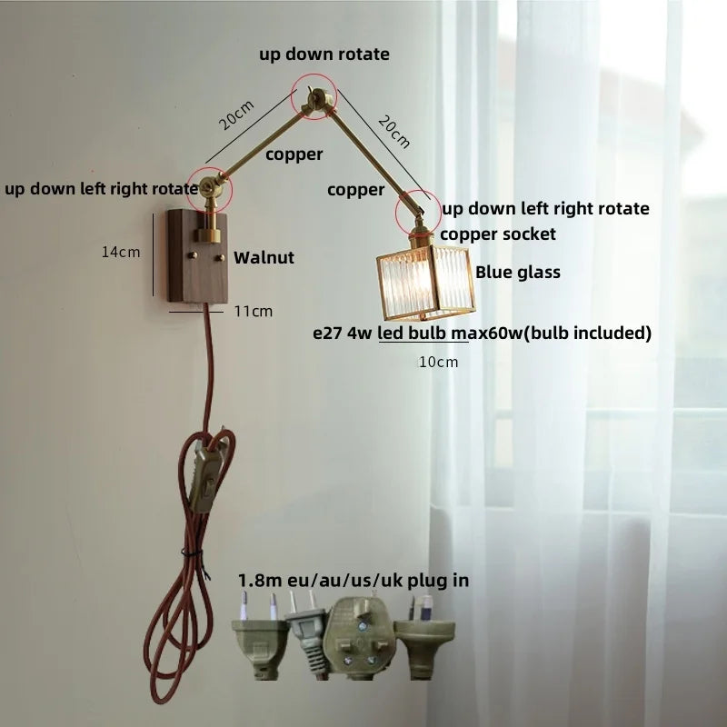 LED Wall Lamp Rotatable Glass Walnut Swing Arms Hallway Stair Light