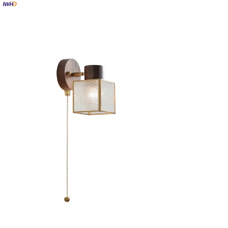 LED Glass & Wood Wall Lamp | Modern Nordic Design, Pull Chain, Rotate Function
