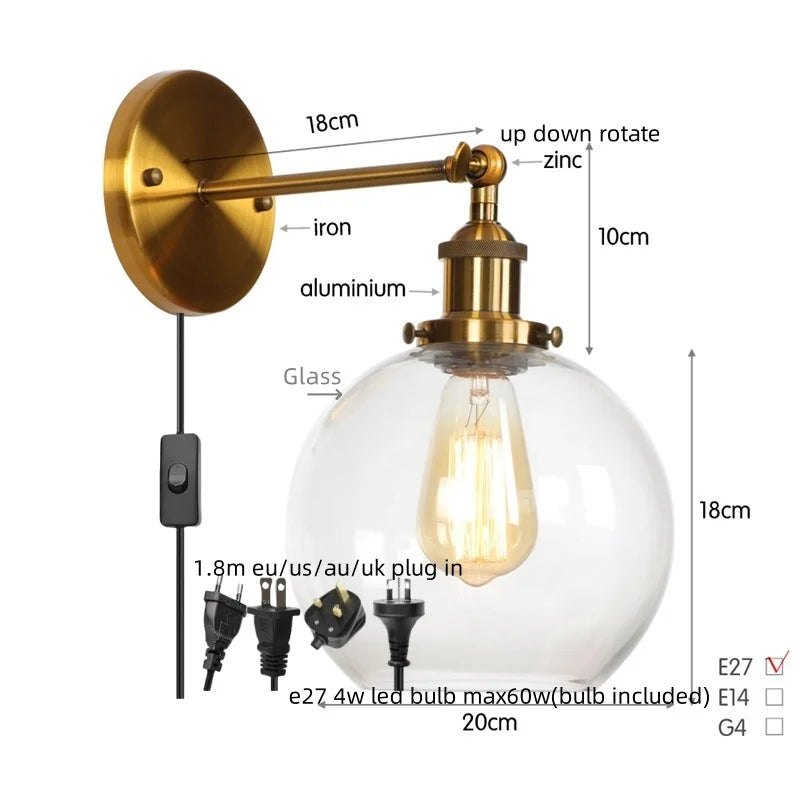 Afralia™ Glass Globe LED Wall Light Fixture Single Arm Bedside Lamp Vintage Industrial Style