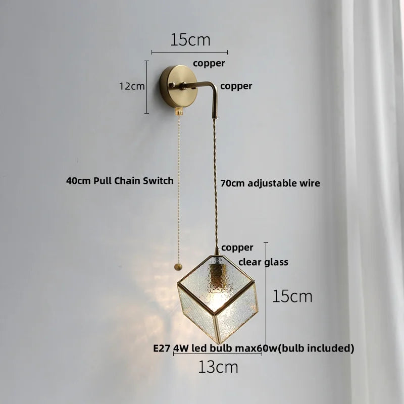 Modern Clear Glass LED Wall Light with Pull Chain for Bar, Cafe, Bathroom Mirror
