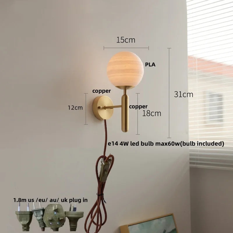 Moon LED Wall Lamp with Pull Chain Switch and Copper Base