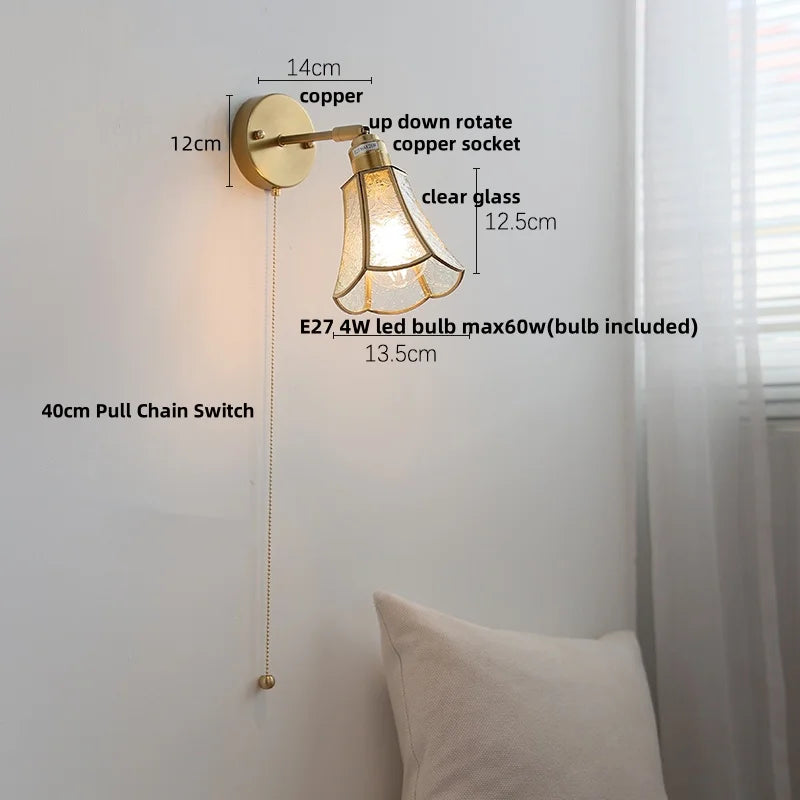 Copper LED Wall Lights with Glass Shade & Pull Chain Switch
