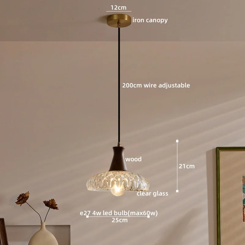 Wood Glass LED Pendant Lights Modern Hanging Lamp for Kitchen Living Room