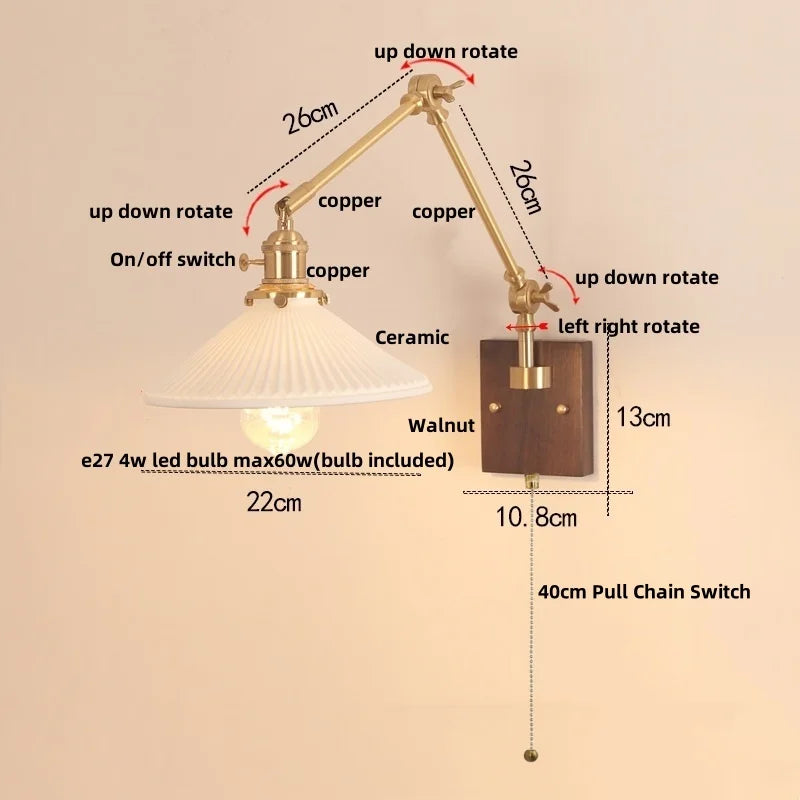 Wood Rotatable 2-Arm LED Wall Sconce with Pull Chain Switch