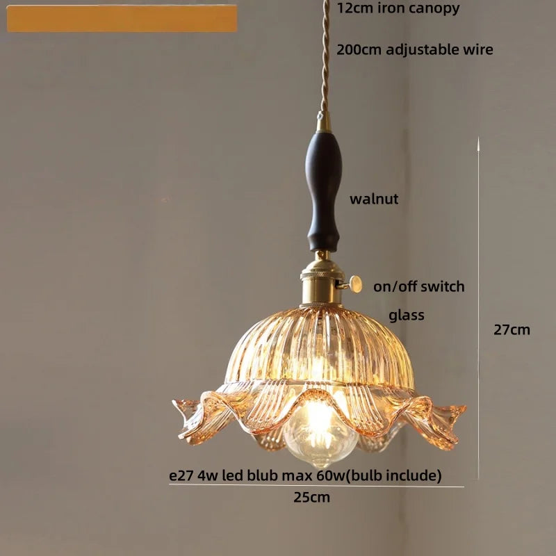 Afralia™ Vintage Green Glass Flower Knob Switch LED Pendant Lights, Copper Hanging Lamp