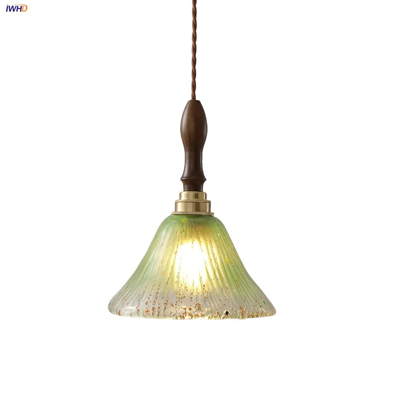 Walnut Wood LED Pendant Lamp with Cyan Glass Shade