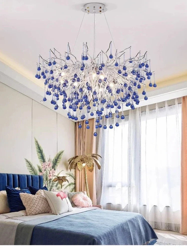 Blue Crystal LED Chandelier: Luxury Classic Pendant Light for Living Room.