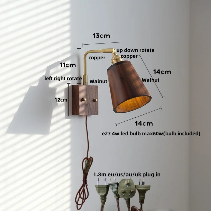Walnut Wood LED Wall Lamp Sconce with Pull Chain Switch Rotation Mirror Light