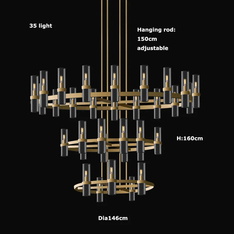 2-Layer Chandelier Lighting - Vintage Gold Silver Black Hanging Lamps