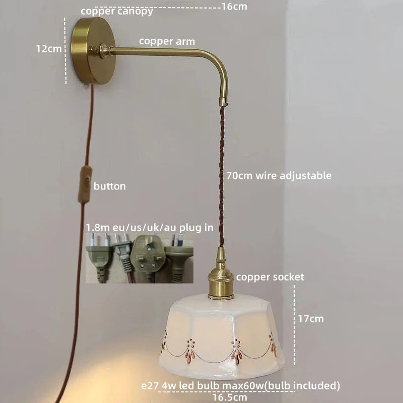 Ceramic Hand-painted LED Wall Light, Pull Chain Switch, Modern Bedside Lamp