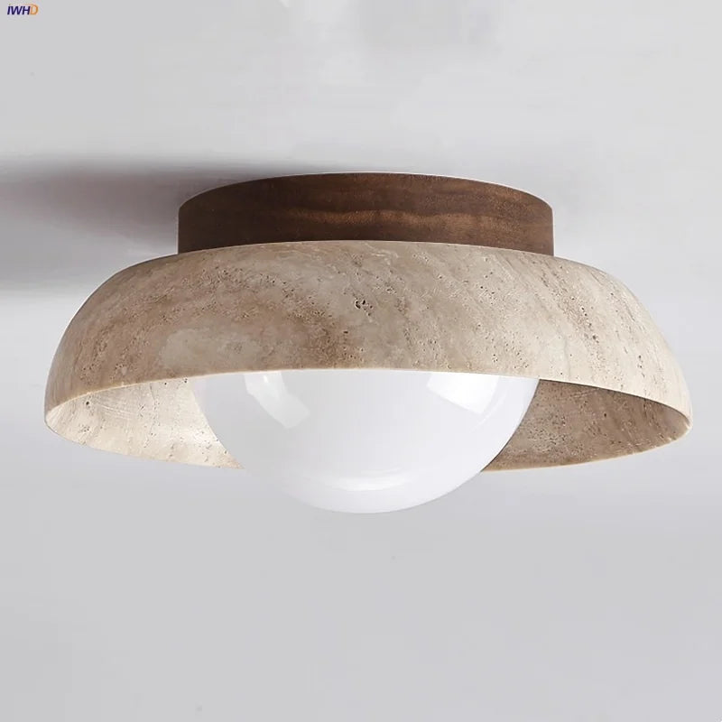 White Glass LED Ceiling Lamp with Wood Canopy - Modern Flush Mount Light