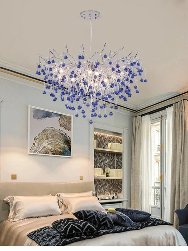 Blue Crystal LED Chandelier: Luxury Classic Pendant Light for Living Room.