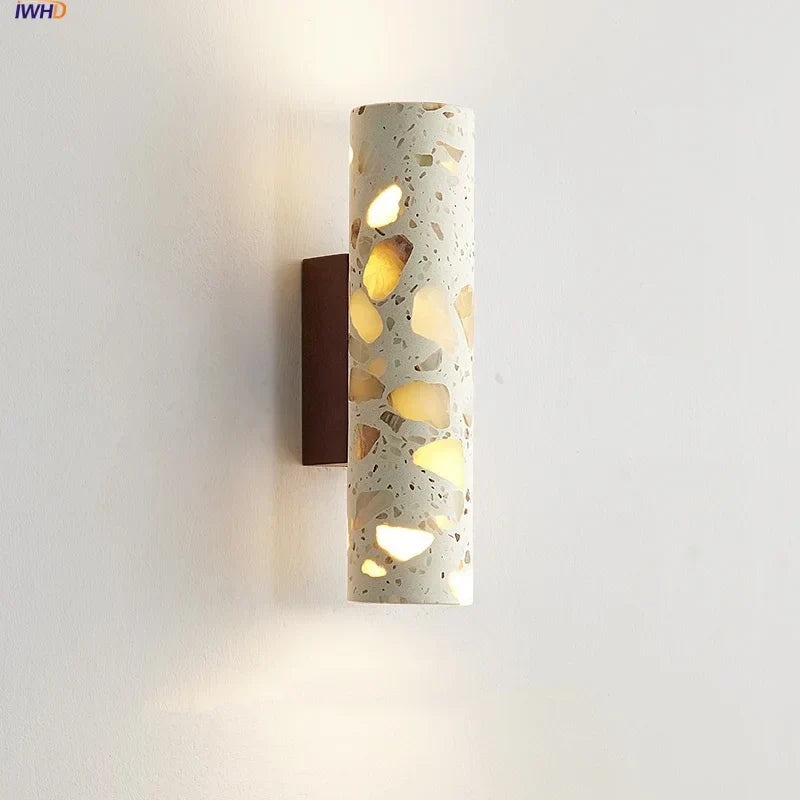 LED Wall Sconce Modern Nordic Wood Canopy Terrazzo Bathroom Mirror Light