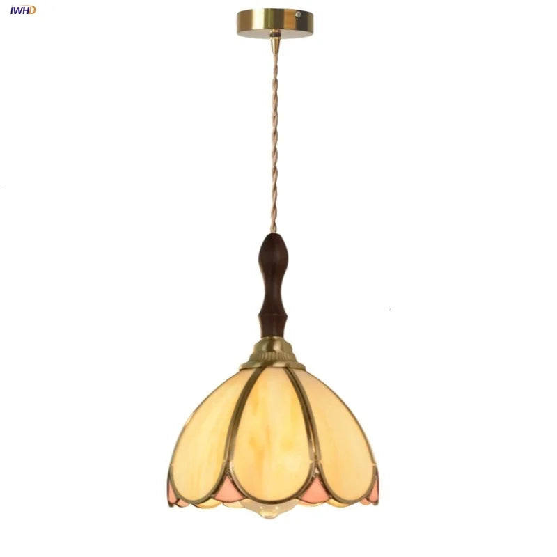 Afralia™ Tiffany Glass LED Pendant Walnut Wood Dining Room Light