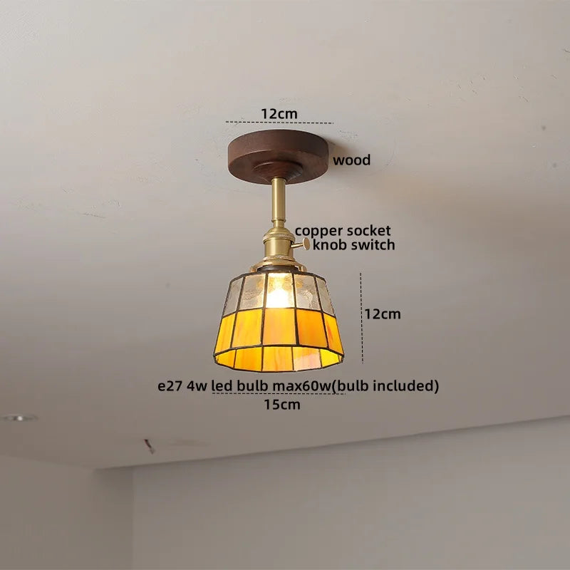 Amber Glass LED Ceiling Light Modern Wood Canopy Kids Room Fixture