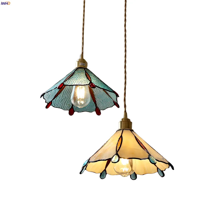 Tiffany Style Glass Copper LED Pendant Lights for Dining Room and Balcony