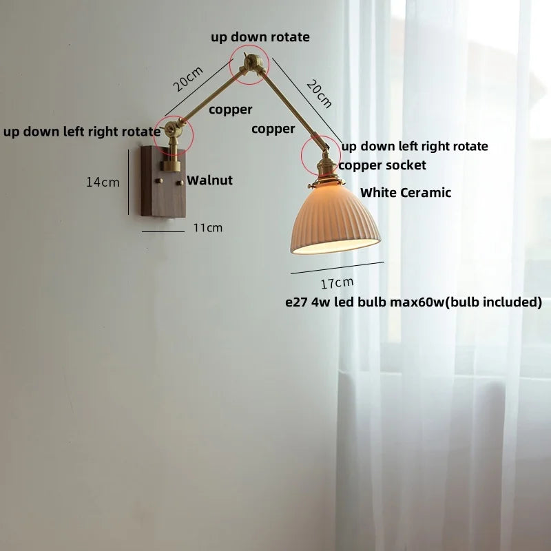 Ceramic LED Wall Light Rotatable Walnut Bedside Lamp