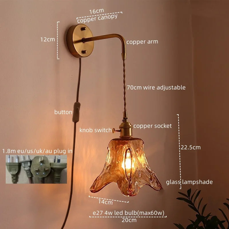 Amber Glass LED Wall Lamps for Living Room and Bathroom Mirror Lighting