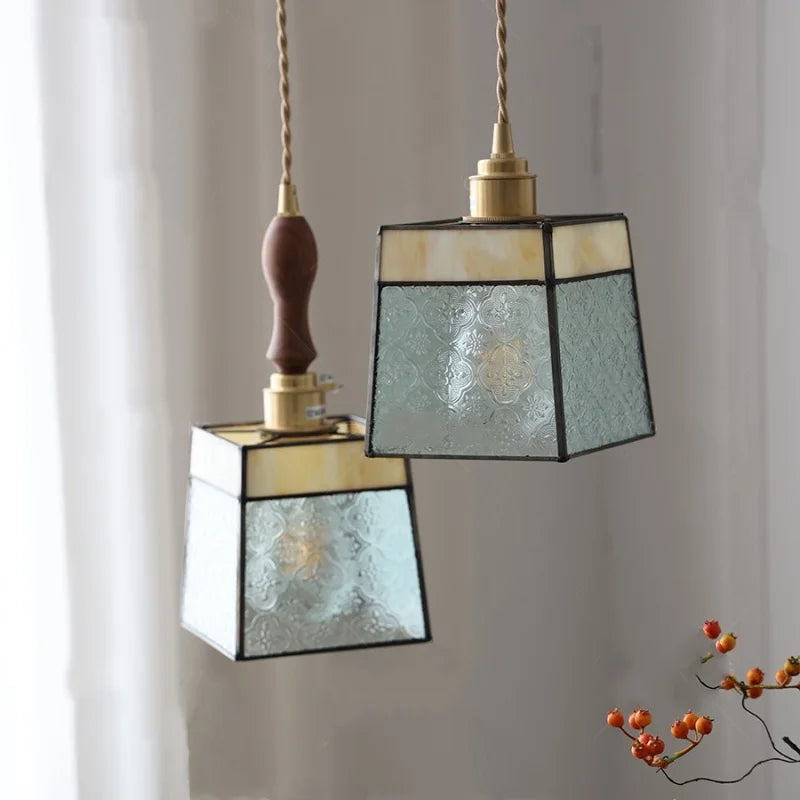 Vintage Flower LED Glass Pendant Light Fixture with Walnut Wood - Japan Style