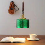 Modern Walnut Wood LED Pendant Lights with Green Glass & Copper Knob Switch
