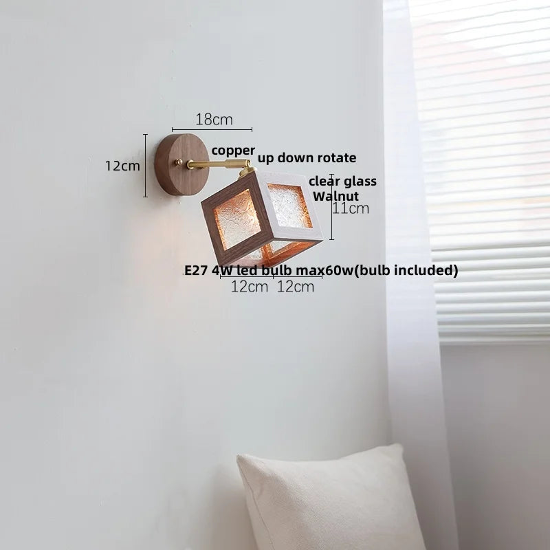 Walnut Wood LED Wall Sconce with Pull Chain Switch - Modern Nordic Copper Socket