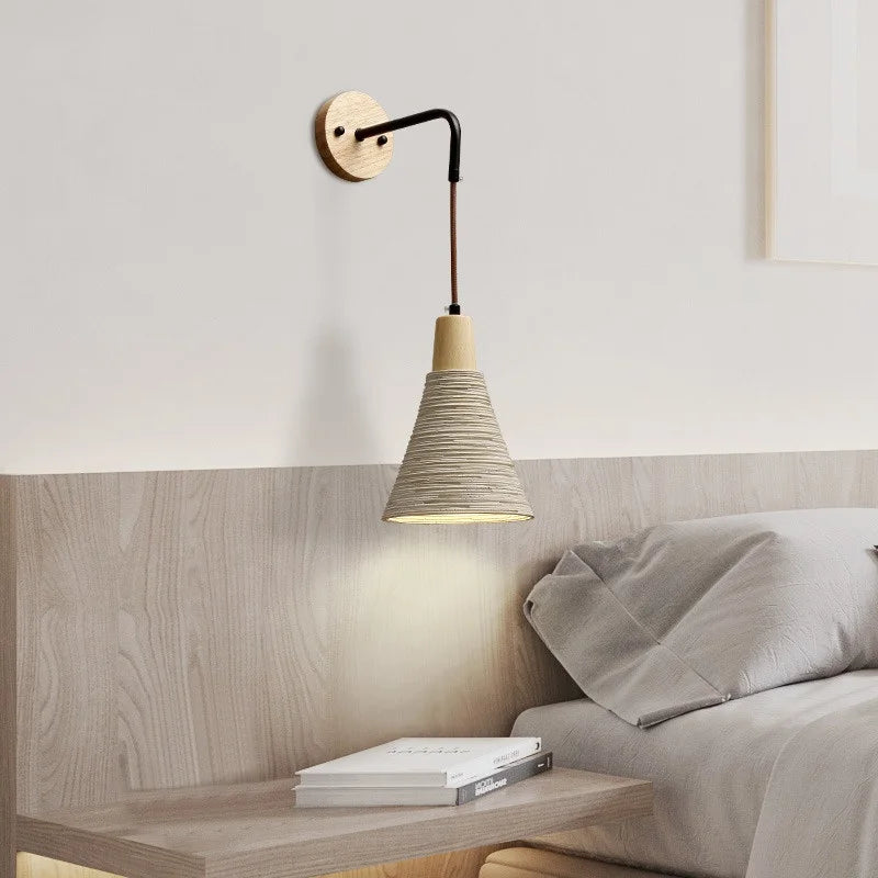 LED Cement Wall Light with Pull Chain & Wood Socket - Nordic Modern Sconce