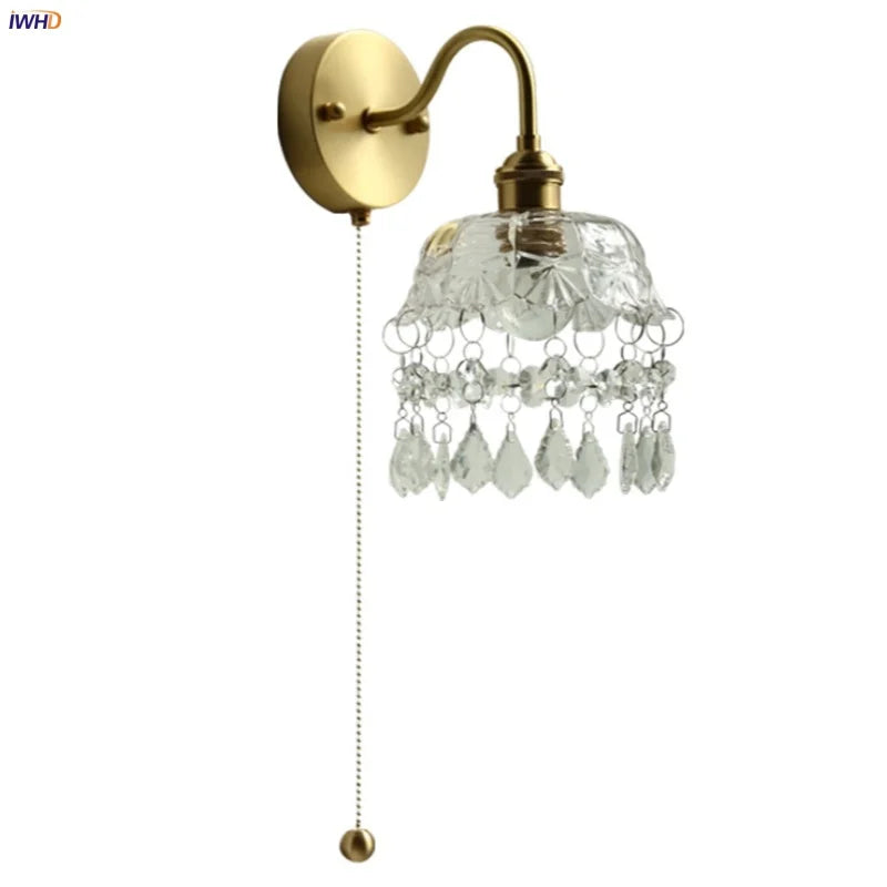 Nordic LED Wall Light with Pull Chain Switch, Crystal Glass Bedside Lamp