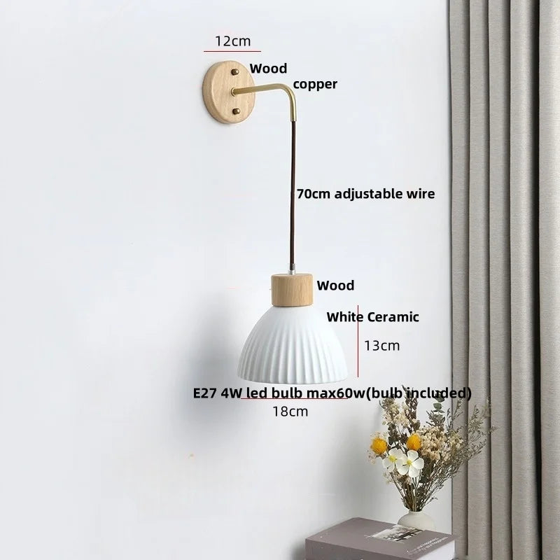 Ceramic Wood Wall Sconce LED Light with Pull Chain Switch - Modern Nordic Style