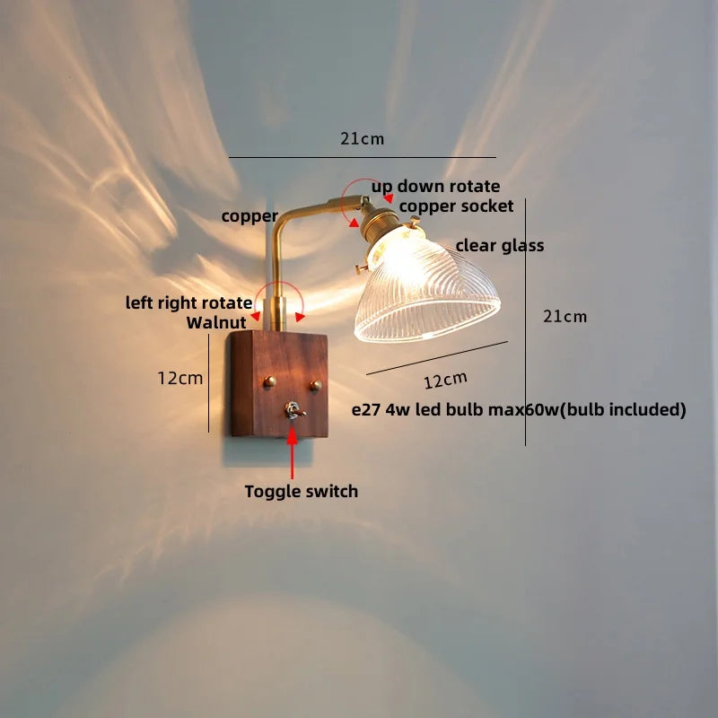 Clear Glass LED Wall Light Walnut Copper Stair Fixture