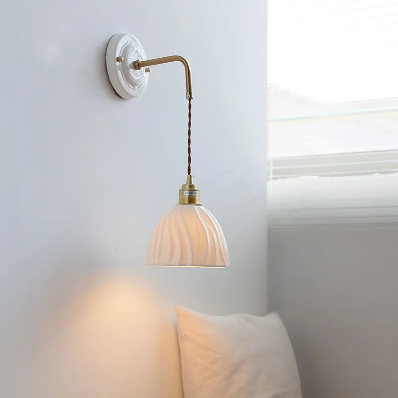 Ceramic Wall Sconce with Copper Arm | Pull Chain Switch LED Bedroom Lamp