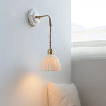 Ceramic Wall Sconce with Copper Arm | Pull Chain Switch LED Bedroom Lamp