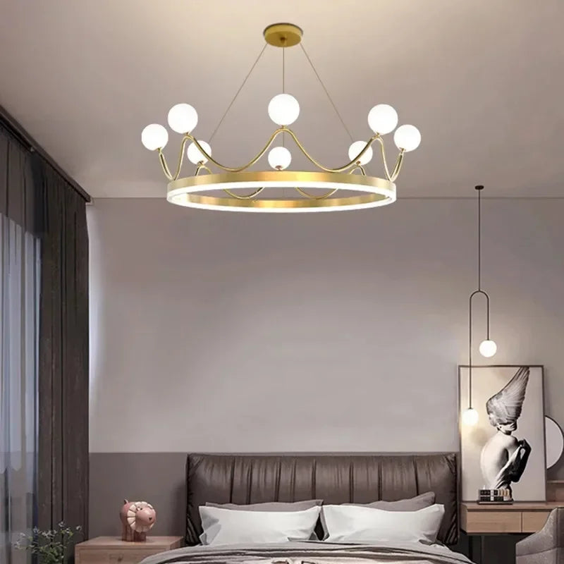 Glass Crown Chandelier Pendant Light for Bedroom Ceiling, Modern Suspension Lamp