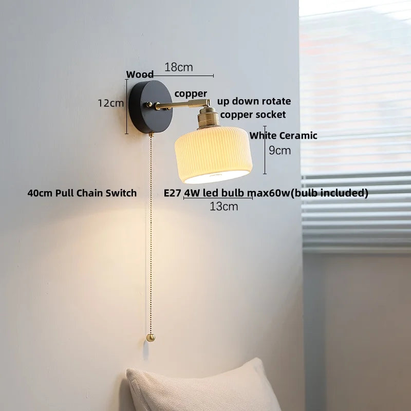 Black Wood LED Wall Light with Pull Chain Switch, Rotating Japanese Style Bedside Lamp