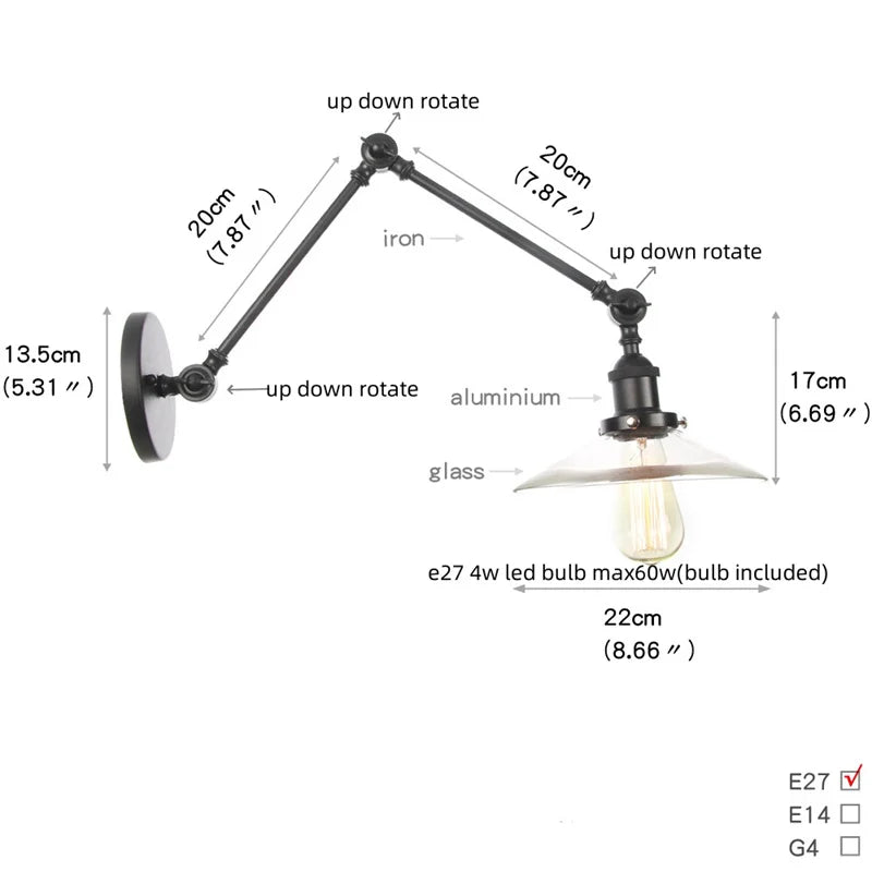 Industrial Loft Swing Arm Wall Sconce Clear Glass Pull Chain Switch Bedside Lamp